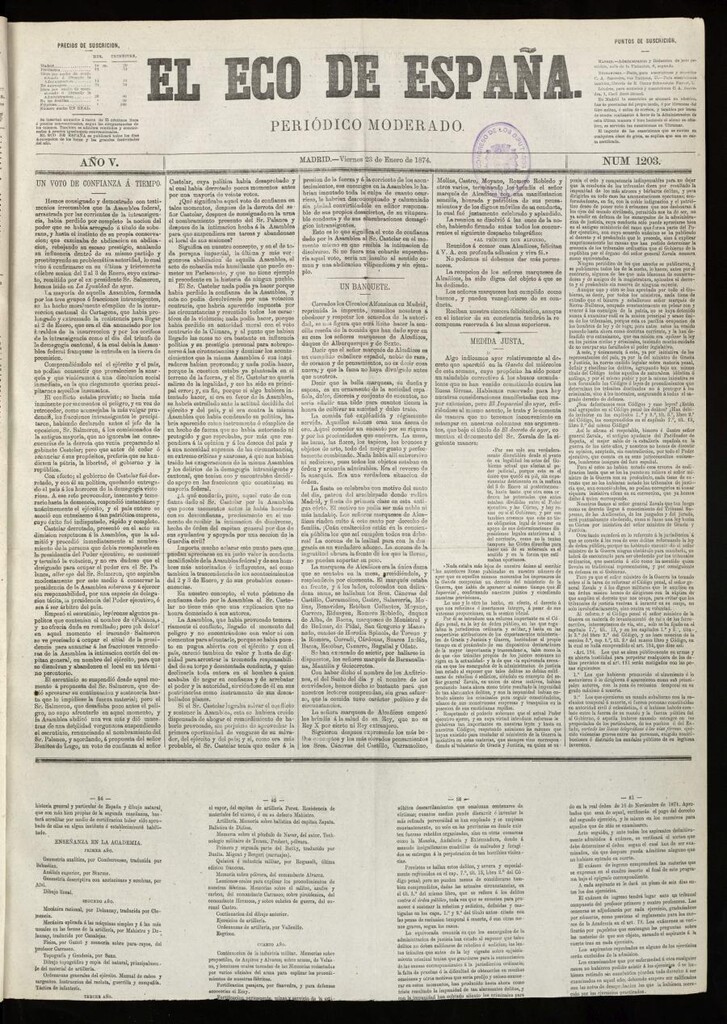 Miniatura de El Eco de España del 23 de enero de 1874, edición extraordinaria
