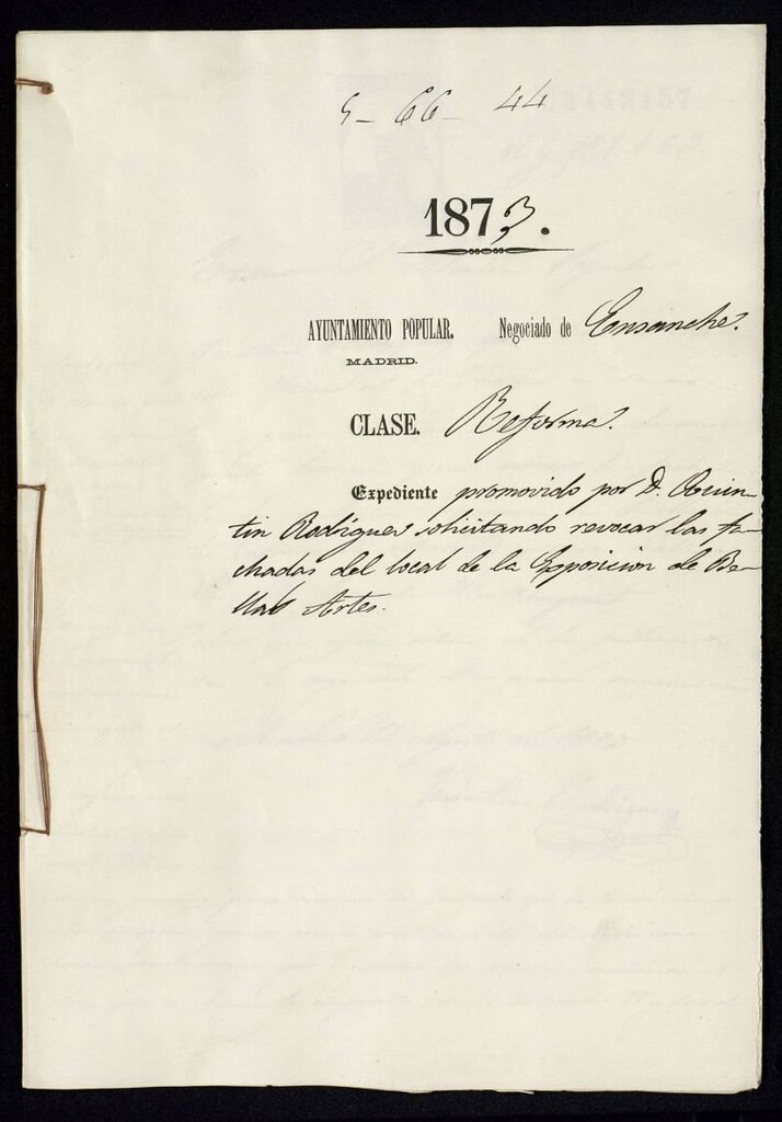 Miniatura de D. Quintín Rodríguez, solicitando revocar las fachadas del local de la Exposición de Bellas Artes.