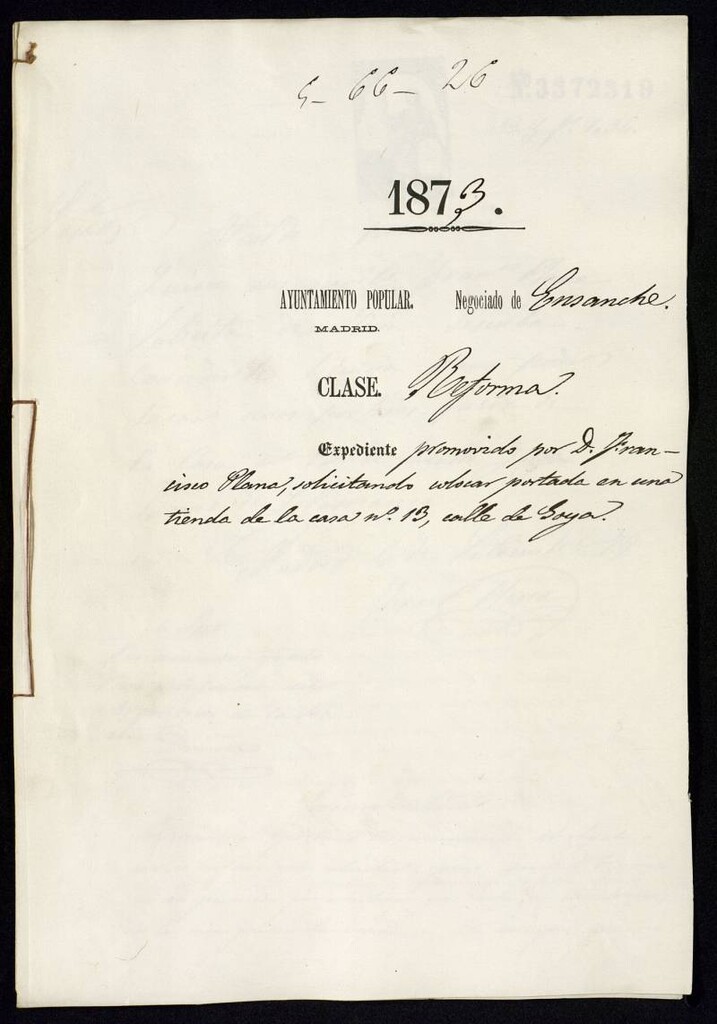 Miniatura de D. Francisco Plana, solicitando colocar portada en una tienda de la casa nº 13, calle de Goya