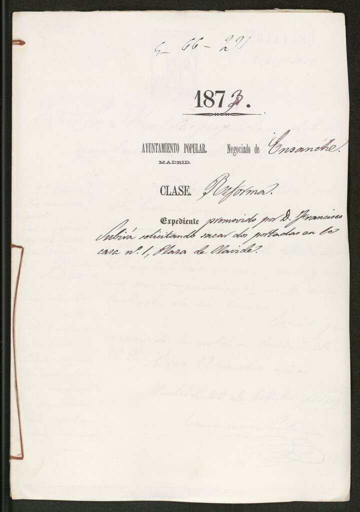Miniatura de D. Francisco Subirá, solicitando sacar dos portadas en la casa nº 1, plaza de Olavide.