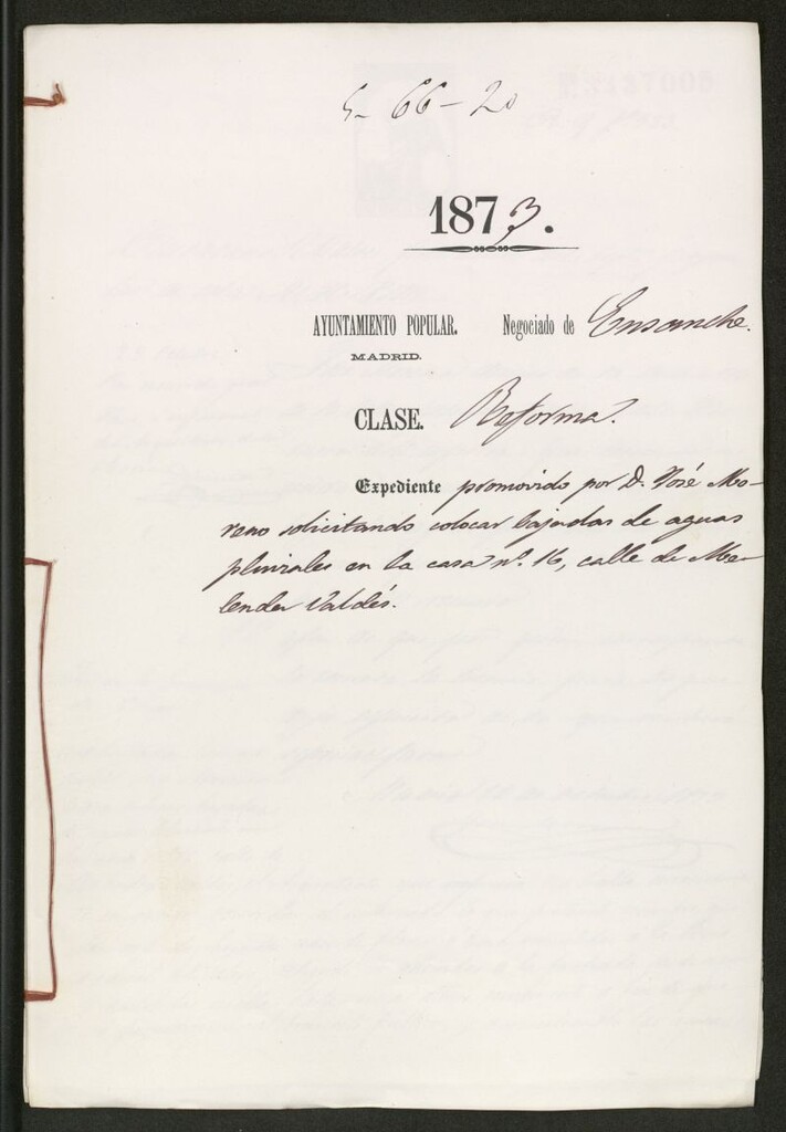 Miniatura de D. José Moreno Solicitando colocar bajadas de aguas pluviales en la casa nº 16, calle de Menéndez Valdés.