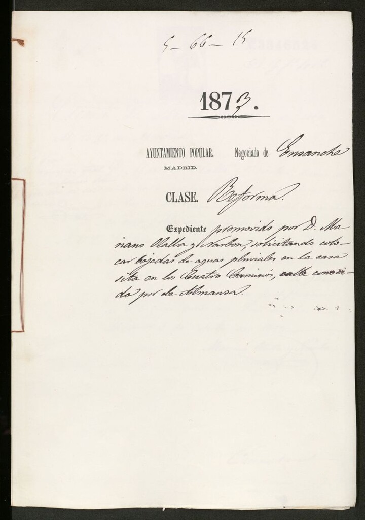 Miniatura de D. Mariano Olallay Narbon, solicitando colocar bajadas de aguas pluviales en la casa sita en los Cuatro Caminos, calle de Almansa.