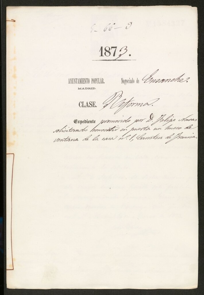 Miniatura de D. Felipe Navas, solicitando convertir en puerta un hueco de ventana de la casa nº 1, Carretera de Francia.