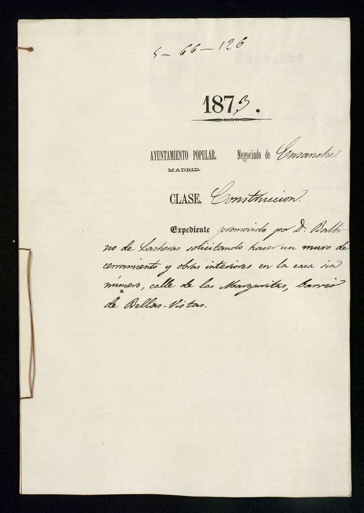 Miniatura de D. Balbino de Lasheras, solicitando hacer un  muro de cerramiento y obras interiores en la casa sin número, calle de las Margaritas, barrio de Bellas-Vistas.