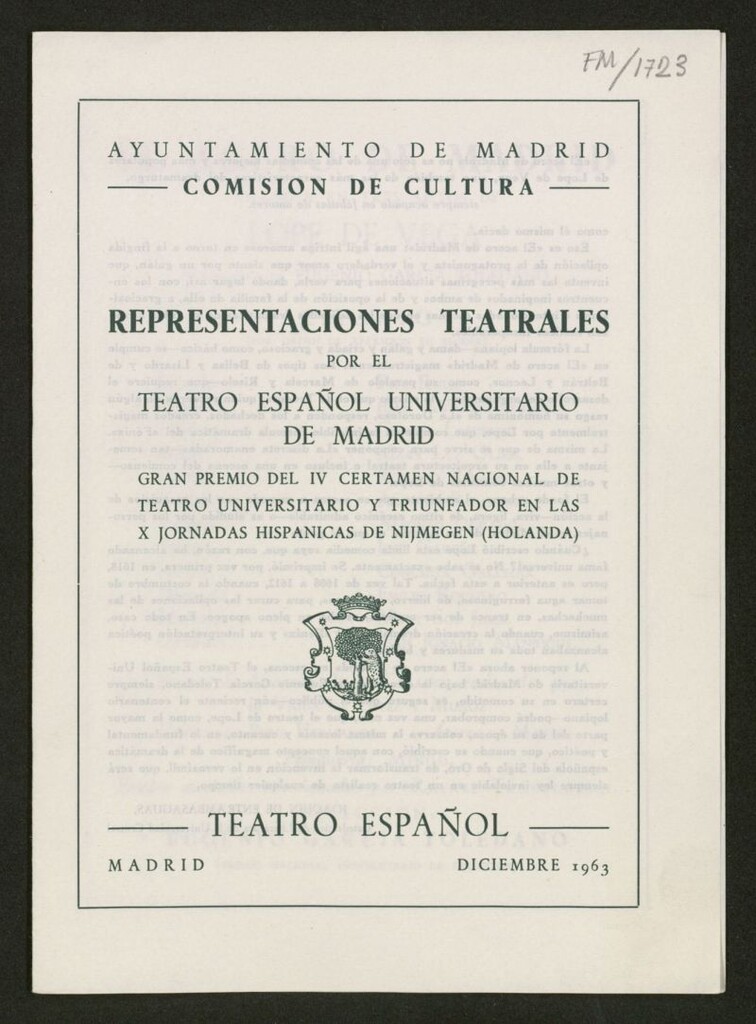 Miniatura de Representaciones teatrales por el Teatro Español Universitario de Madrid... [el acero de Madrid de Lope de Vega] Diciembre 1963 [programa]