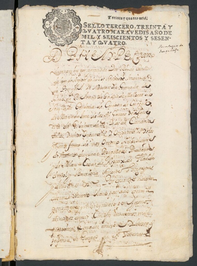 Miniatura de Casas de la Calle del Clabel [i.e. Clavel] vendidas a D. Alonso del Moral p[o]r D[oñ]a María Magd[alen]a Urbina [Manuscrito] : como consta de su escrip[tu]ra y de la nota puesta al fin de esta