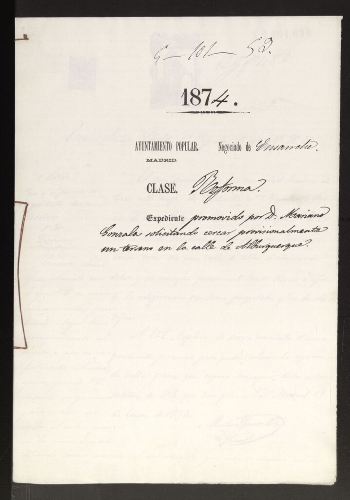 Miniatura de D. Mariano González, solicitando cercar provisionamente un terreno en la calle de Alburquerque.