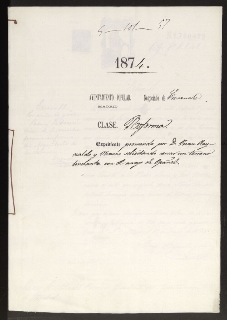 Miniatura de D. Juan Reynaldo Navas, solicitando cercar un terreno lindante en el arroyo de Opañel.