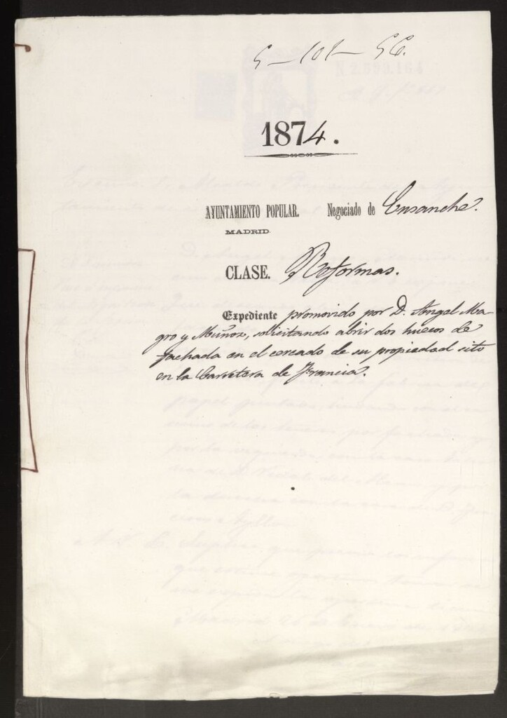 Miniatura de D. Angel Magro y Muñoz, solicitando abrir dos huecos de fachada en el cercado de su propiedad sito en la carretera de Francia.