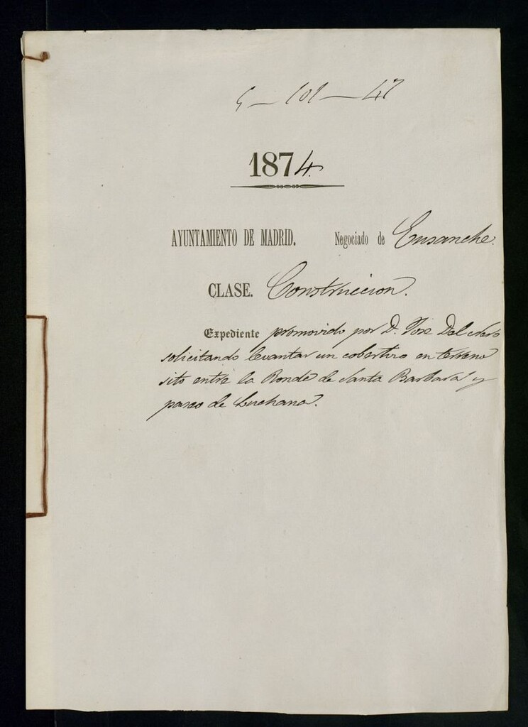 Miniatura de D. José Del Nero, solicitando levantar un cobertizo en tereno sito entre la Ronda de Santa Bárbara y Paseo de Luchana.