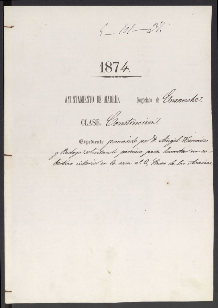 Miniatura de D. Angel Herráiz y Bedoya, solicitando permiso para levantar un cobertizo interior en la casa nº 2, Paseo de las Acacias.