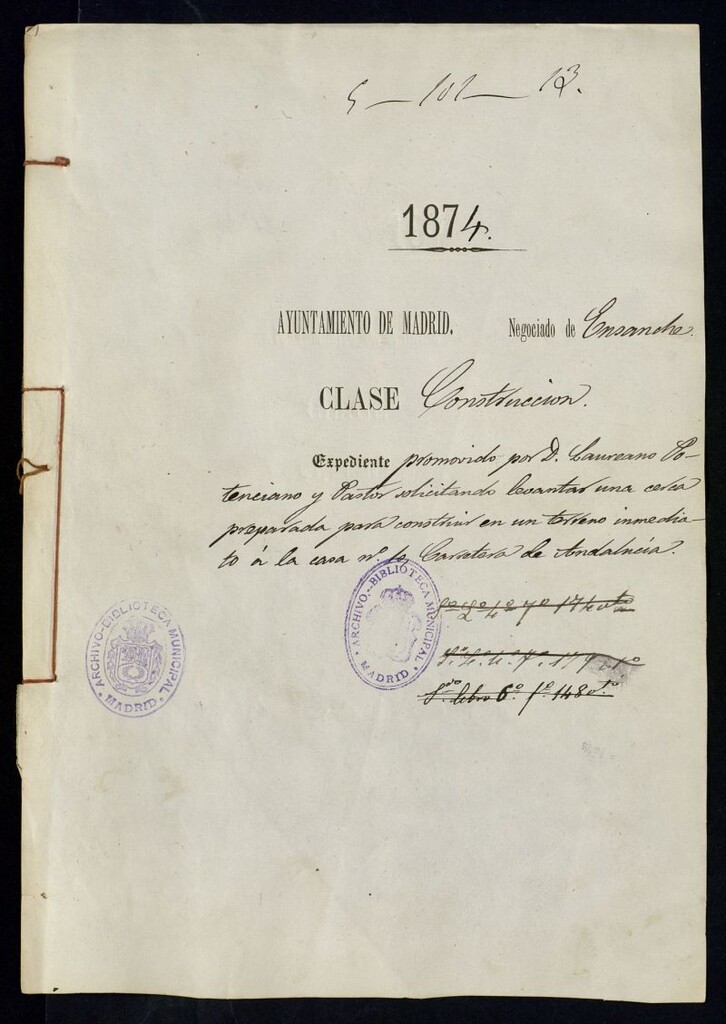Miniatura de D. Laureano Potenciano y Pastor, solicitando levantar una cerca preparada para construir en un terreno inmediato a la casa nº 10, Carretea de Andalucía.