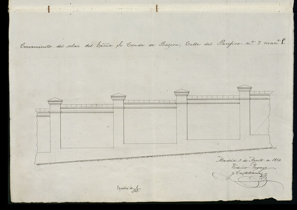 Miniatura de Sr. Conde de Rascón, solicitando cercar de fábrica un terreno contiguo al jardín de su casa nº 7 de la calle Pácifico.