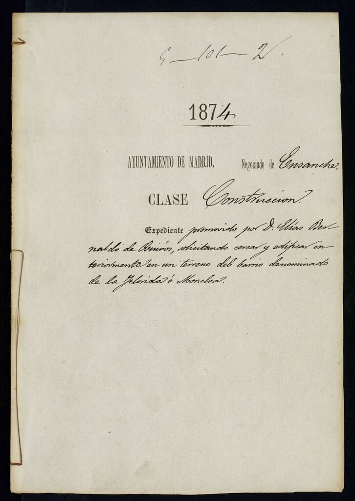 Miniatura de D. Elías Bernaldo de Quirós, solicitando cercar y edificar interiormente en un terreno del barrio denominado de la Florida o Moncloa.