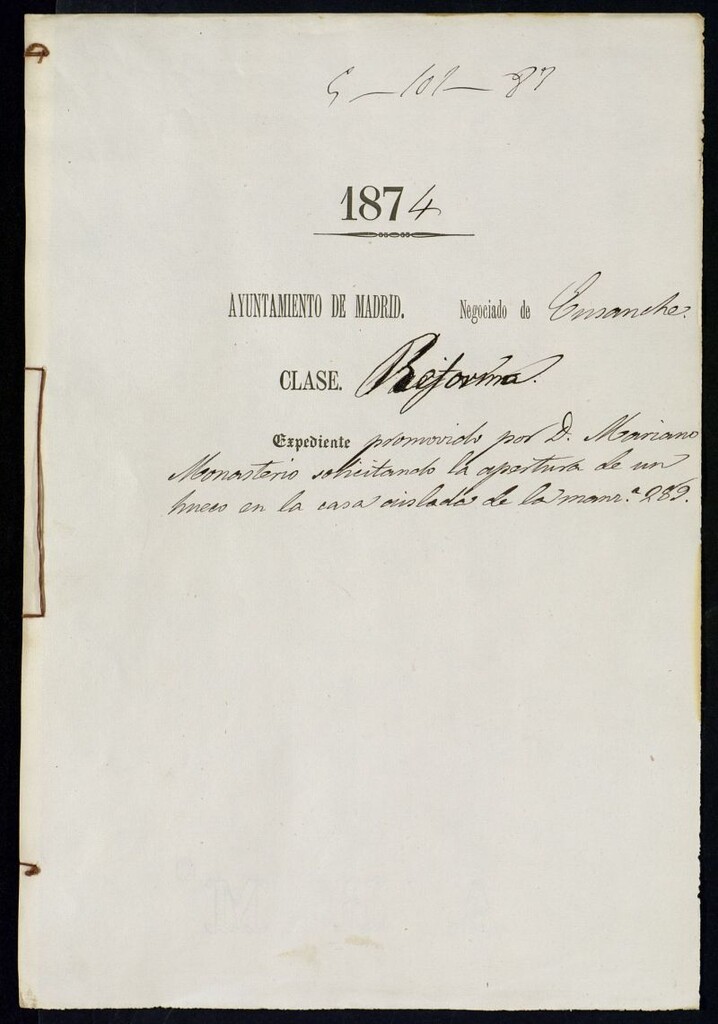 Miniatura de D. Mariano Monasterior, solicitando la apertura de un hueco en la casa aislada de la manzana 289.