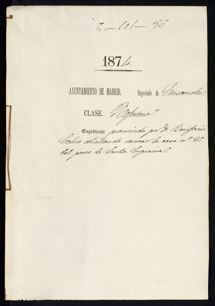 Miniatura de D. Bonifacio Calvo, solicitando revocar la casa nº 25 del Paseo de Santa Engracia.