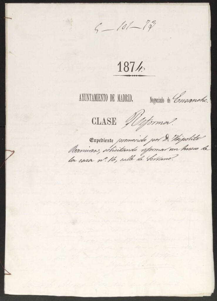 Miniatura de D. Hipolito Ramirez, solicitando reformar un hueco de la casa, nº 16, calle de Serrano.