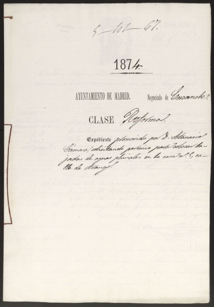 Miniatura de D. Atanasio Cámara, solicitando permiso paa colocar bajadas de aguas pluviales  en la casa nº 5, calle de Arango.