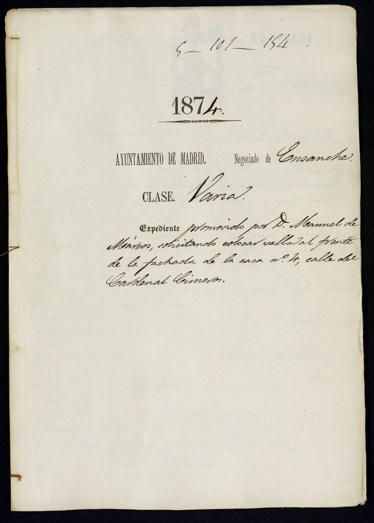 Miniatura de D. Manuel de Marcos, solicitando colocar valla al frente de la fachada de la casa nº 4, calle del Cardenal Cisneros.