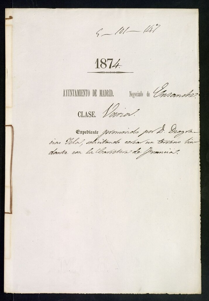 Miniatura de D. Deogracias Yela, solicitando cercar un terreno lindante con la Carretera de Francia.