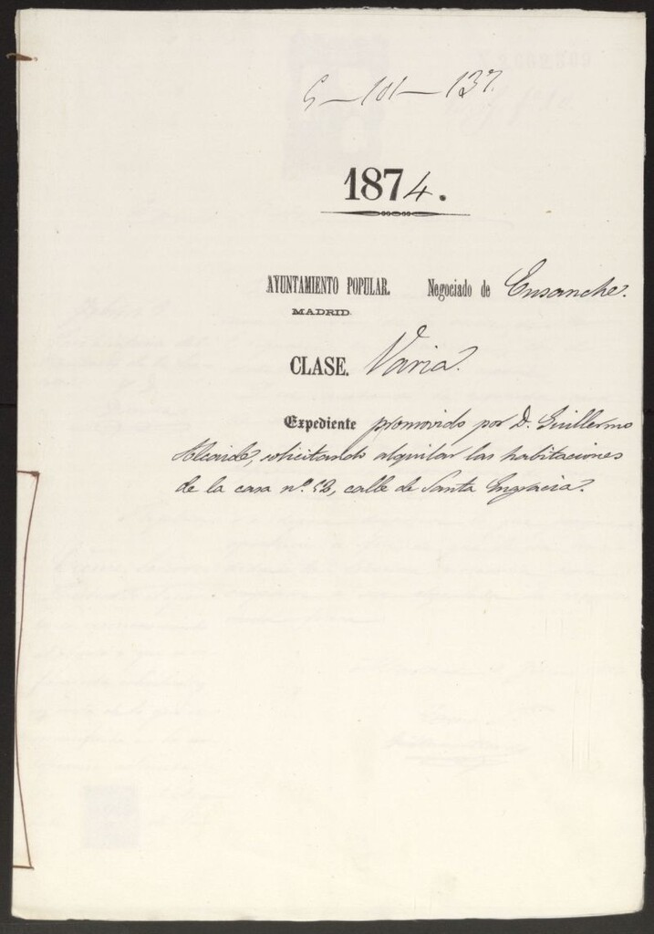 Miniatura de D. Guillermo Alcaide, solicitando alquilar las hbitaciones de la casa nº 52, calle de Santa Engracia.