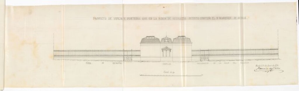 Miniatura de El Excmo. Sr. Marqués de Bedmar, solicitando colocar una verja y edificar la porteria de su finca sita en la Ronda reformada de Recoletos esquina a una calle sin nombre.