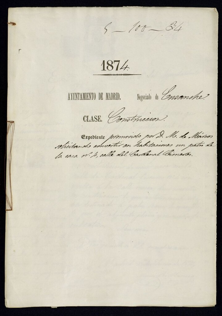 Miniatura de D. M. de Marcos, solicitando convertir en habitaciones un patio de la casa nº 4, calle del Cardenal Cisneros.