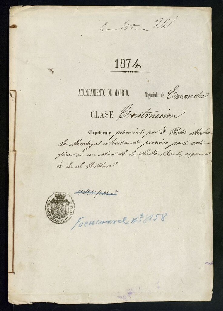 Miniatura de D. Pedro María Montoya, solicitando permiso para edificar en un solar de la calle Real, esquina a la de Jordán.