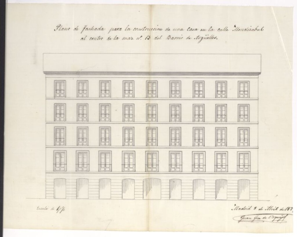 Miniatura de D. Antonio de la Sotilla, en nombre del Excmo. Sr. Conde de Velles, para edificar de nueva planta en un solar de la manzana 11 del Barrio de Argüelles.