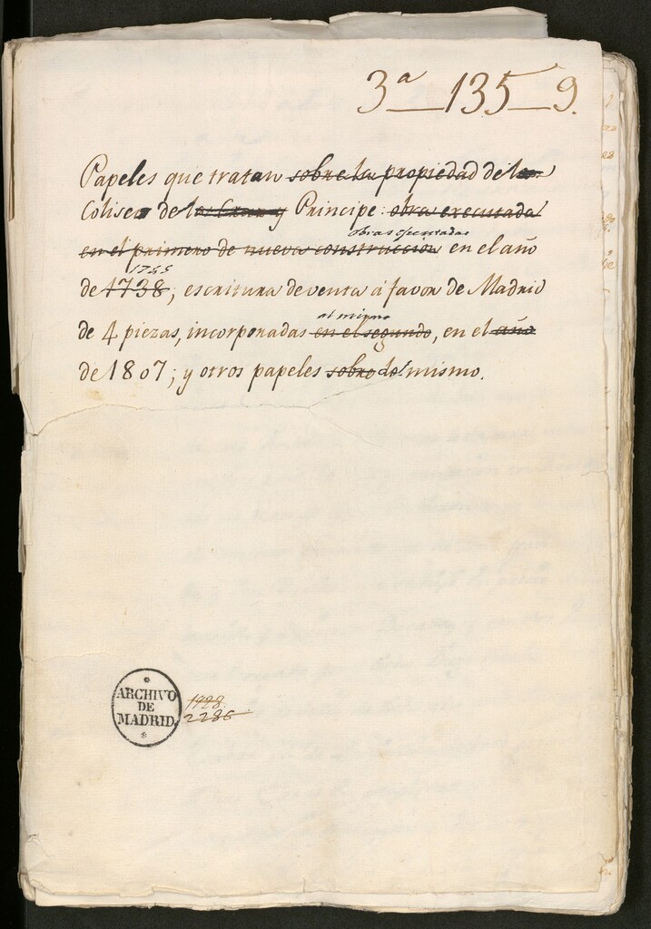 Miniatura de Papeles que tratan del Coliseo del Principe, obras efectuadas en el año 1745, escrituras  de venta a favor de Madrid de 4 piezas incorporadas al mismo, en el año de 1807.