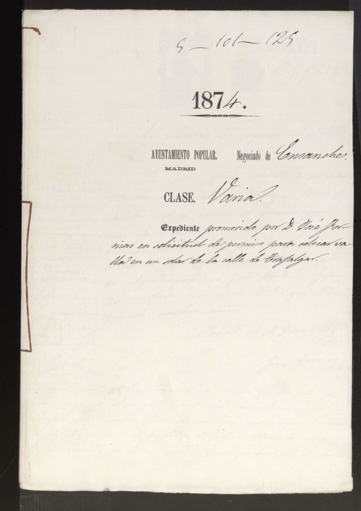 Miniatura de D. José Fornias, en solicitud de permiso para colocar valla en un solar de la calle de Trafalgar.