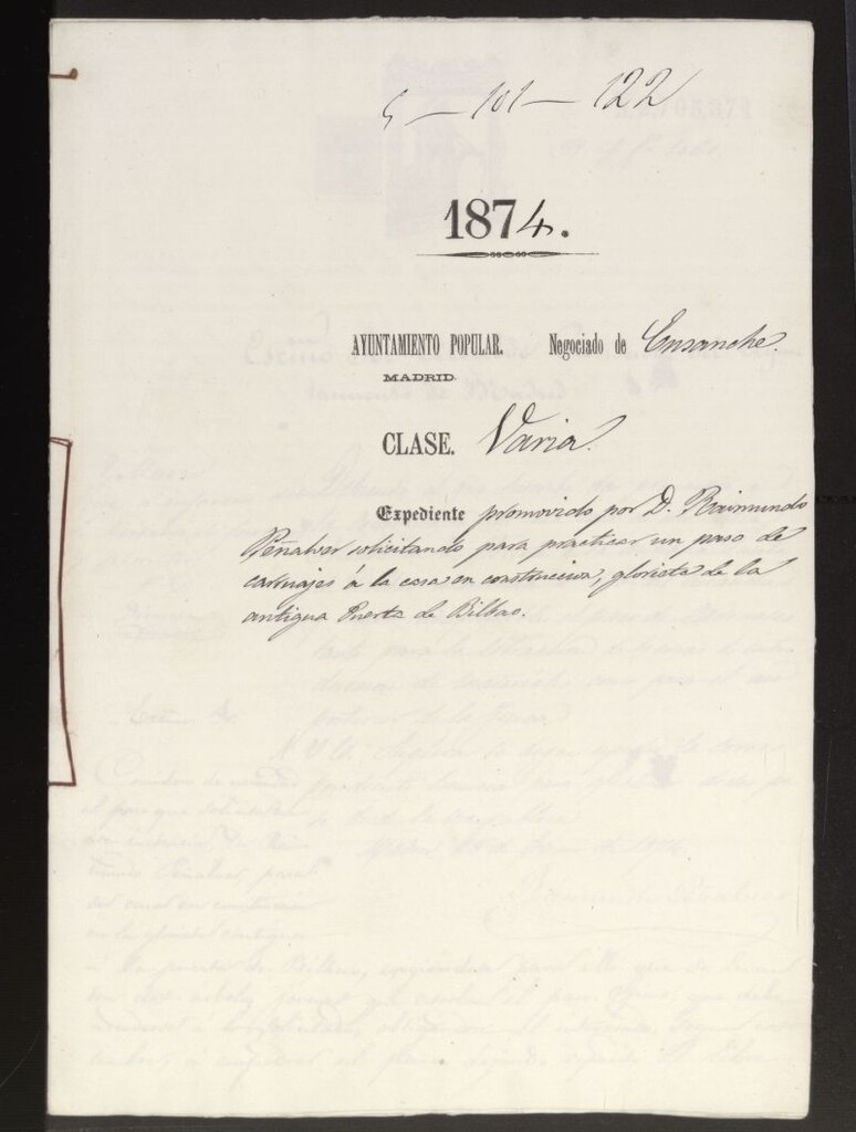 Miniatura de D. Raimundo Peñalver, solicitando para paracticar un paso de carruajes a la casa en construcción, Glorieta de antigua Puerta de Bilbao.