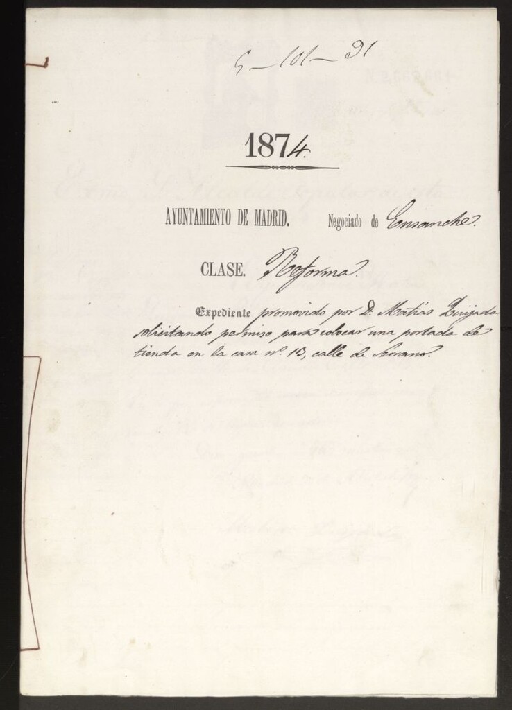 Miniatura de D. Matias Quijada, solicitando permiso para colocar una portada de tienda en la casa nº 13, calle de Serrano.
