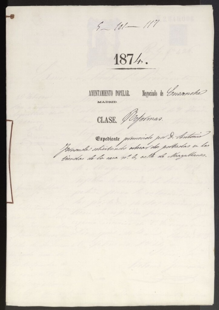 Miniatura de D. Antonio Fernández, sollicitando colocar dos portadas en las tiendas de la casa nº 6, de la calle de Magallanes.