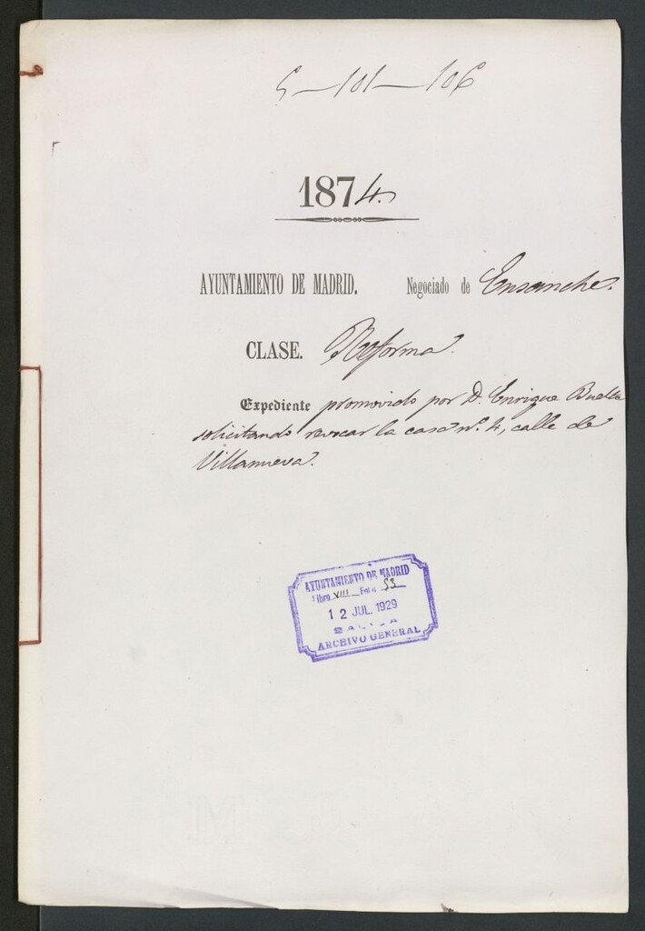 Miniatura de D. Enrique Buelta, solicitando revocar la casa nº 4, calle de Villanueva.