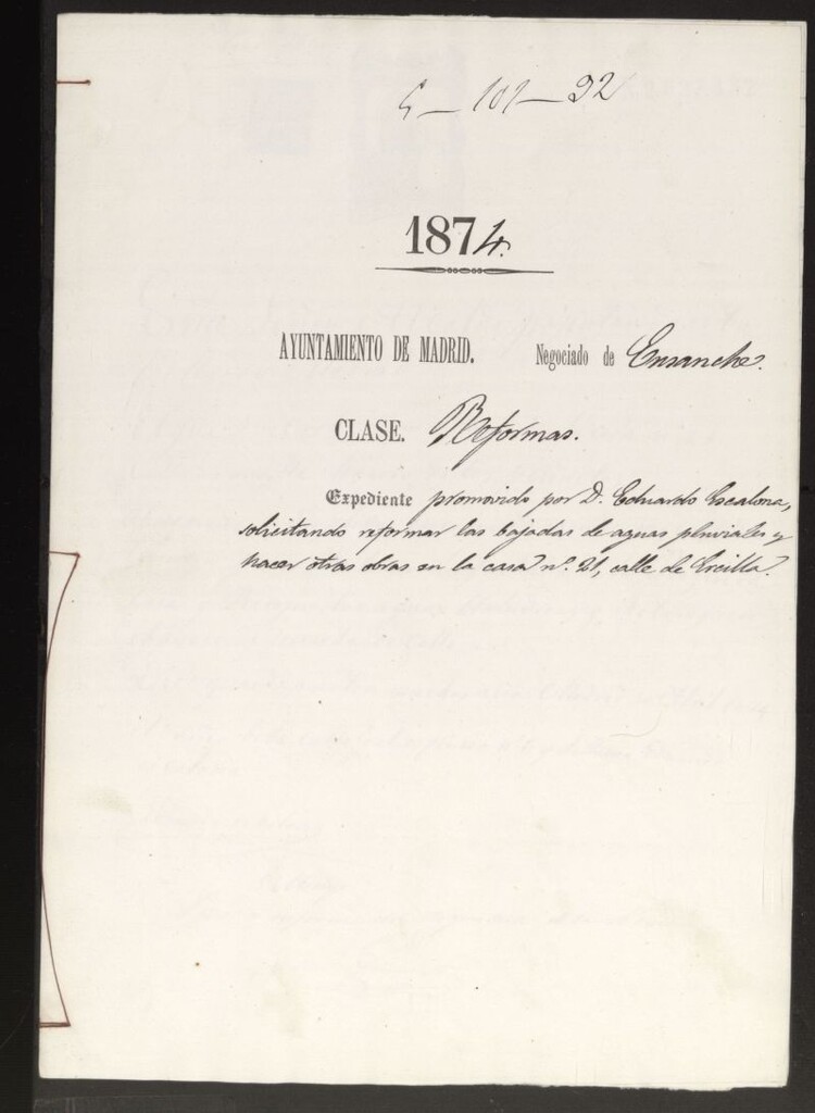 Miniatura de D. Eduardo Escalona, solicitando reformar las bajadas de aguas pluviales y hacer otras obras en la casa nº 21, calle de Ercilla.
