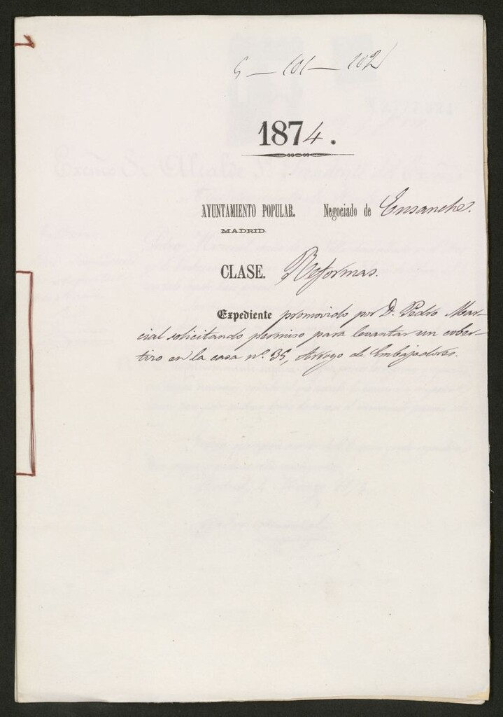 Miniatura de D. Pedro Marcial, solicitando permiso para levantar un cobertizo en la casa nº 35, Arroyo de Embajadores.