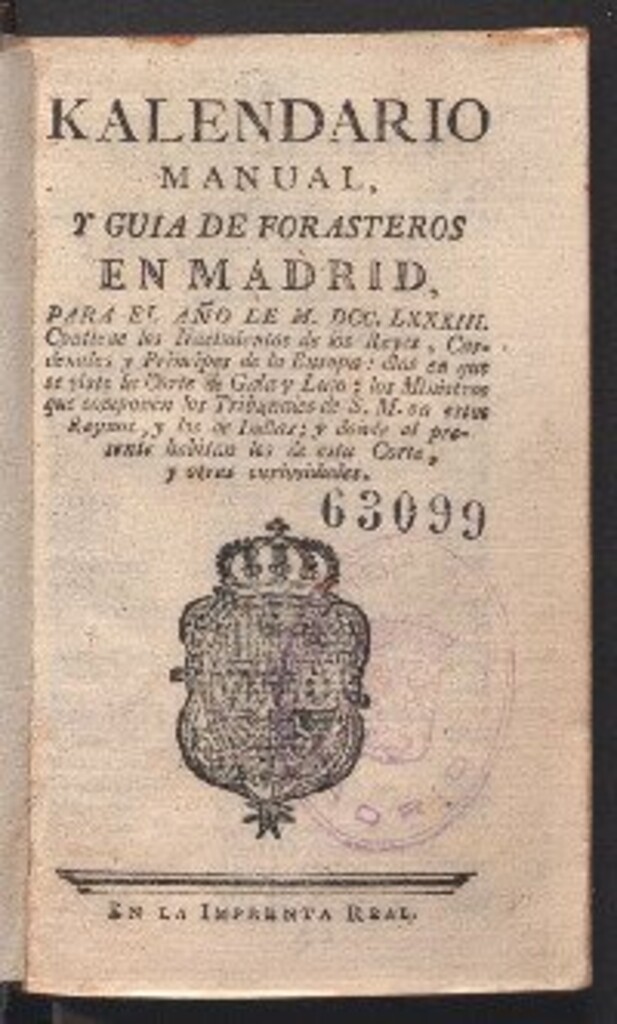 Miniatura de Kalendario manual y guía de forasteros en Madrid para el año de M.DCC.LXXXIII