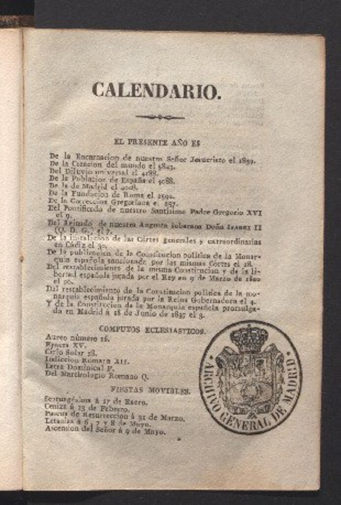 Miniatura de Calendario manual y guía de forasteros en Madrid : para el año de 1839