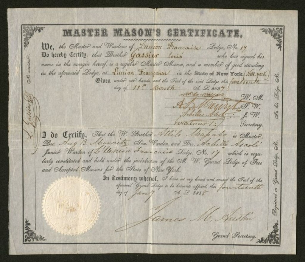 Miniatura de [Diploma o certificación de grado y pertenencia a la masonería para Louis Gassier, artista lírico]