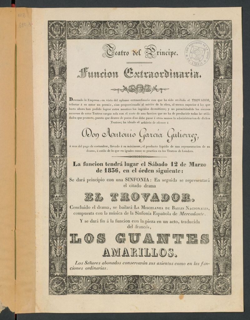 Miniatura de Teatro del Príncipe :[cartel-programa] función extraordinaria ... se representará ... El trovador [a beneficio de Antonio García Gutiérrez] : programa