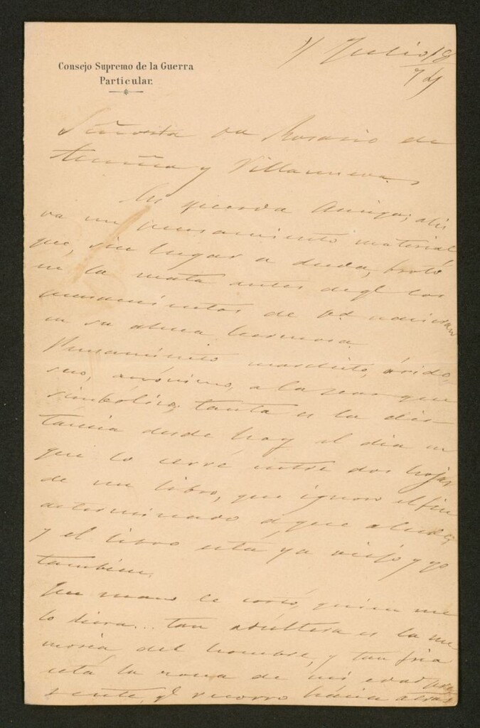 Miniatura de Carta], 1874 Julio 18, Madrid, a Rosario de Acuña y Villanueva