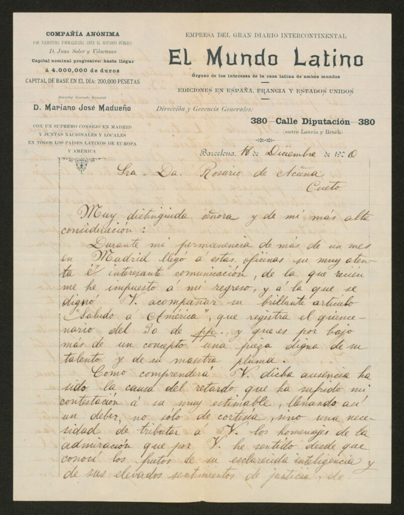 Miniatura de [Carta], 1900 Diciembre 18, Barcelona, a Rosario de Acuña