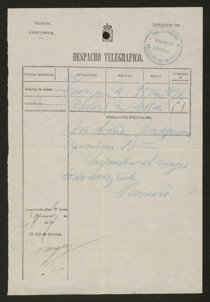 Miniatura de [Telegrama], 1877 Abril 4, Zaragoza a Felipe Acuña