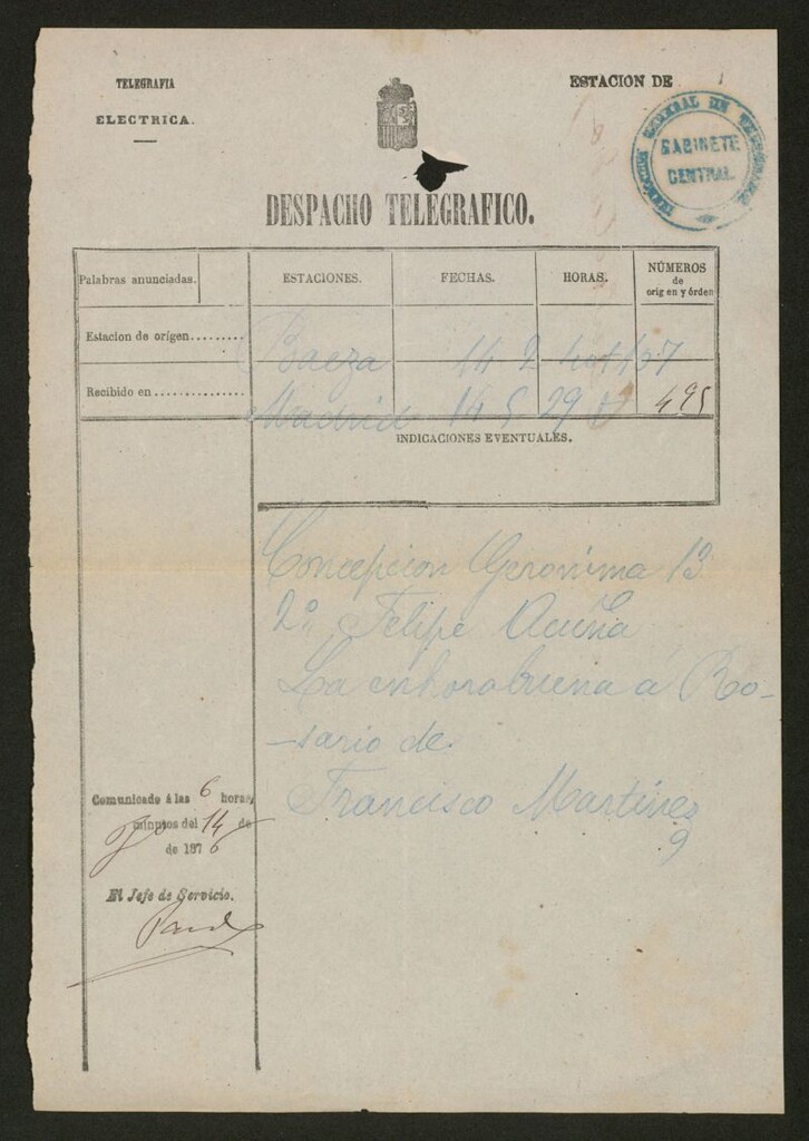 Miniatura de [Telegrama], 1876 Febrero 14, Baeza a Felipe Acuña