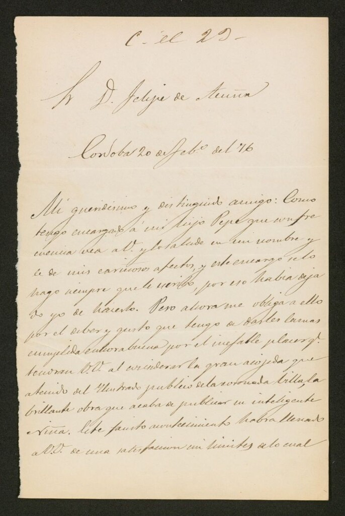 Miniatura de Carta], 1876 Febrero 20, Córdoba a Felipe de Acuña