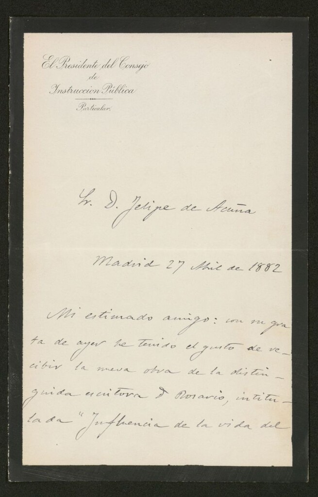 Miniatura de [Carta], 1882 Abril 27, Madrid a Felipe de Acuña
