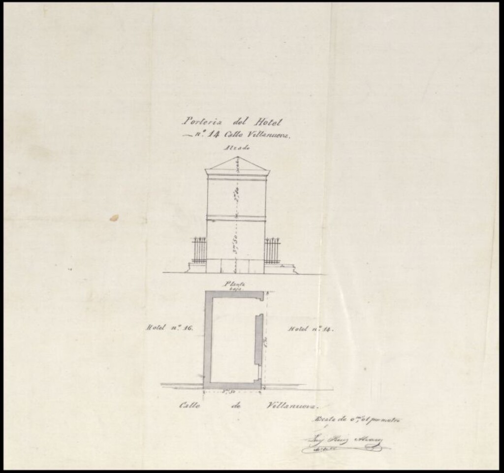 Miniatura de D. Rafael Mendoza, solicitando permiso para levantar un piso en la porteria del hotel nº 14, calle de Villanueva.