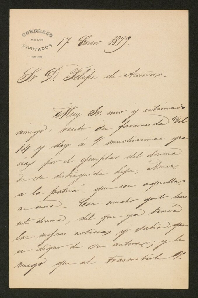 Miniatura de Carta], 1879 Enero 17, Madrid a Felipe de Acuña