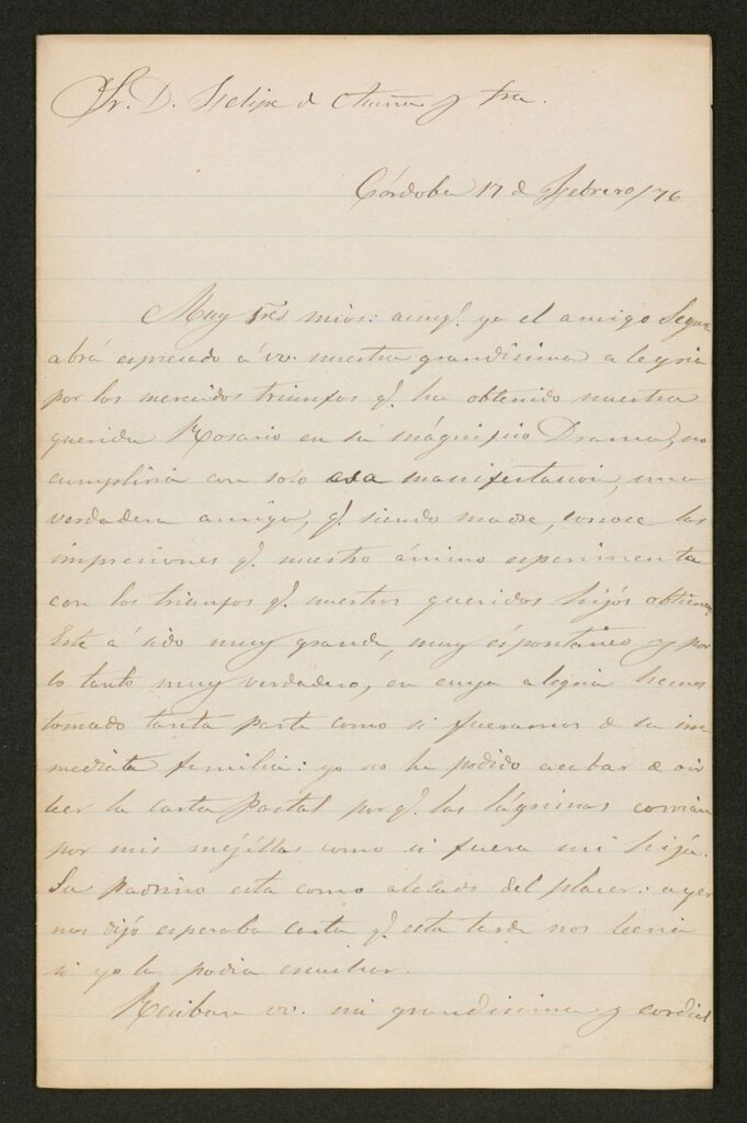 Miniatura de [Carta], 1876 Febrero 17, Córdoba a Felipe de Acuña y familia